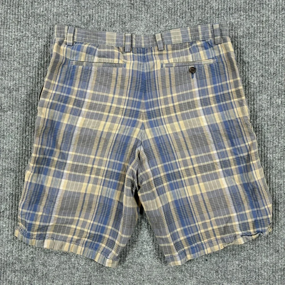 Banana Republic Mens Shorts Size 35 Blue Plaid Flat Front Casual Linen Blend